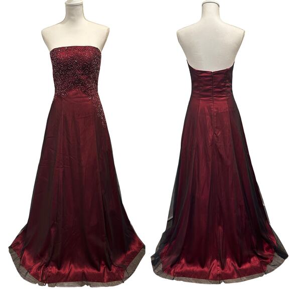 Scene Vintage Y2K Strapless Burgundy Beaded Tulle Ball Gown Whimsigoth Witchy - Picture 1 of 12